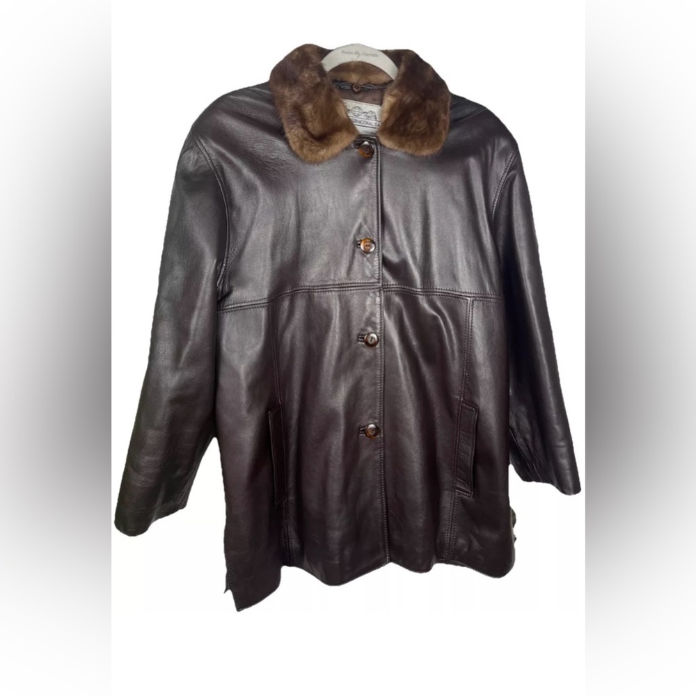 Peleteria Vintage Sheepskin Brown Leather‎ Coat Fur Collar Womens Size 46/14